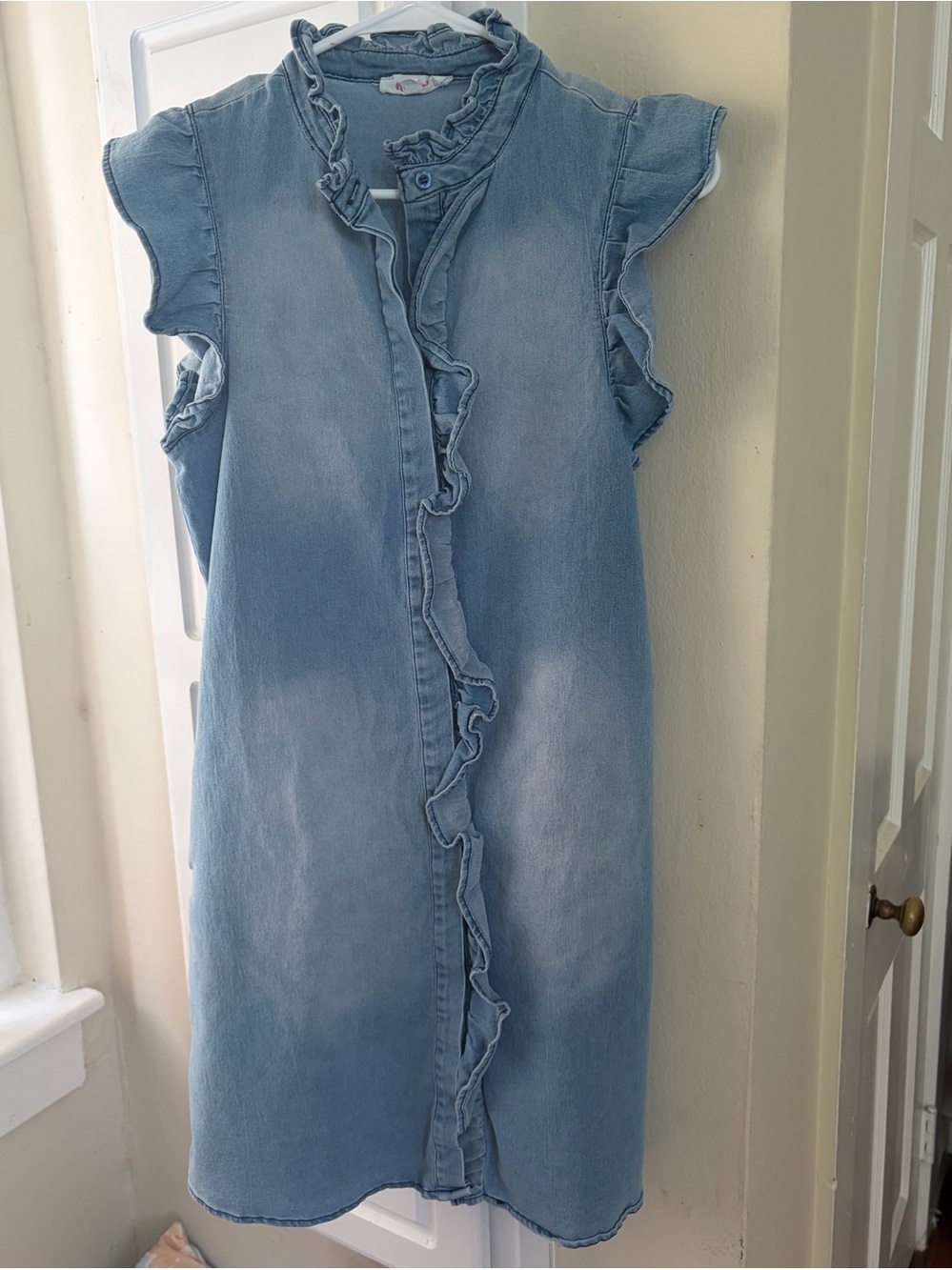DENIM dress Mazik Light Blue Ruffle-Trim Size S. See pics for measurements